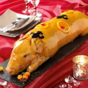 Porcelet farci aux foies confits de poulet & aux pistaches