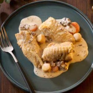 Méli-mélo de lotte & Saint-Jacques sauce aux morilles